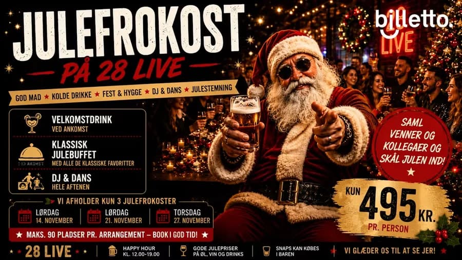 Julefrokost på 28 Live i Roskilde