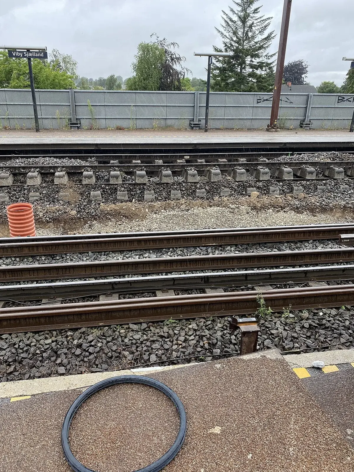Railway tracks and construction work at Viby Sjælland station.
