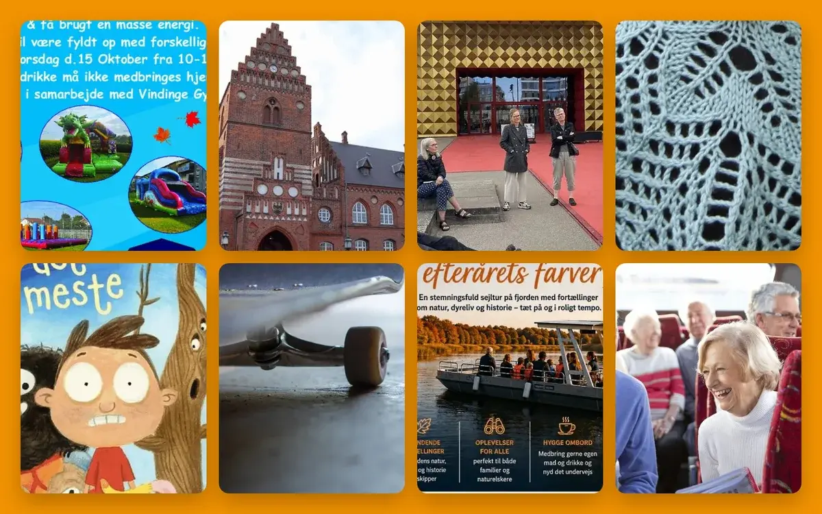 A collage showing posters, a building, people, knitting, a skateboard wheel, and a boat scene.