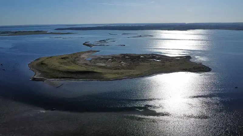 Aerial view of Lilleø island in Roskilde Fjord with water and distant islands