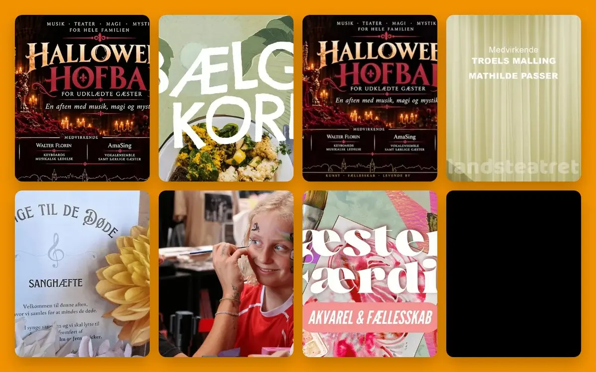 A collage featuring event posters, food, and a child getting face paint.