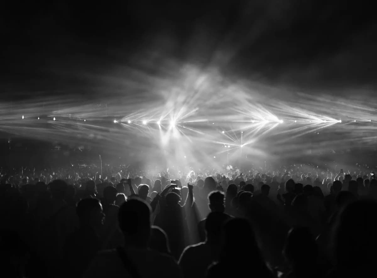Black-and-white crowd at a night concert with bright stage lights.