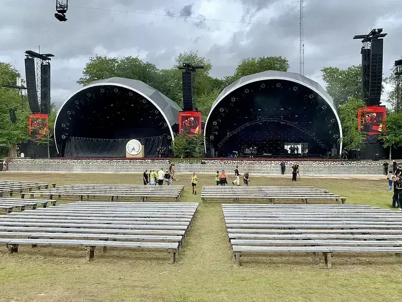 Empty Bøge Stage and seating area with people preparing for Smukfest 2022