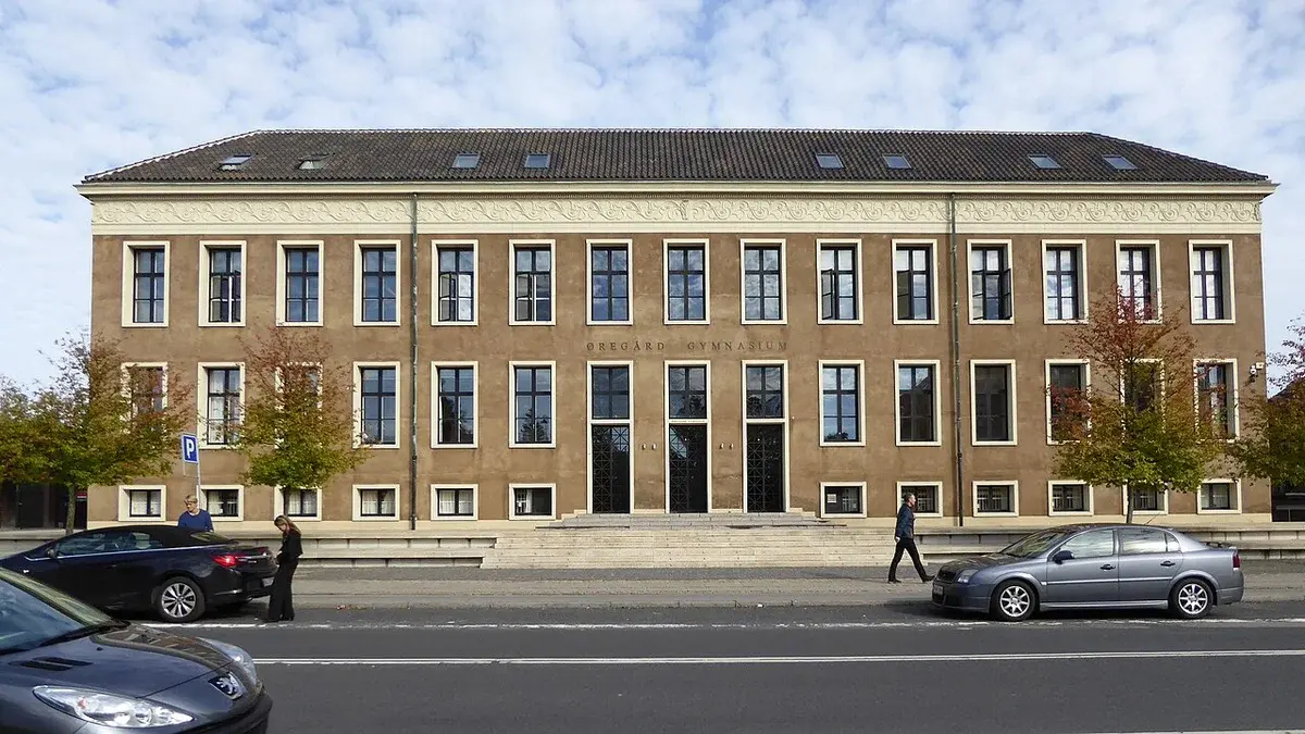Front view of Øregård Gymnasium building in Hellerup, Copenhagen