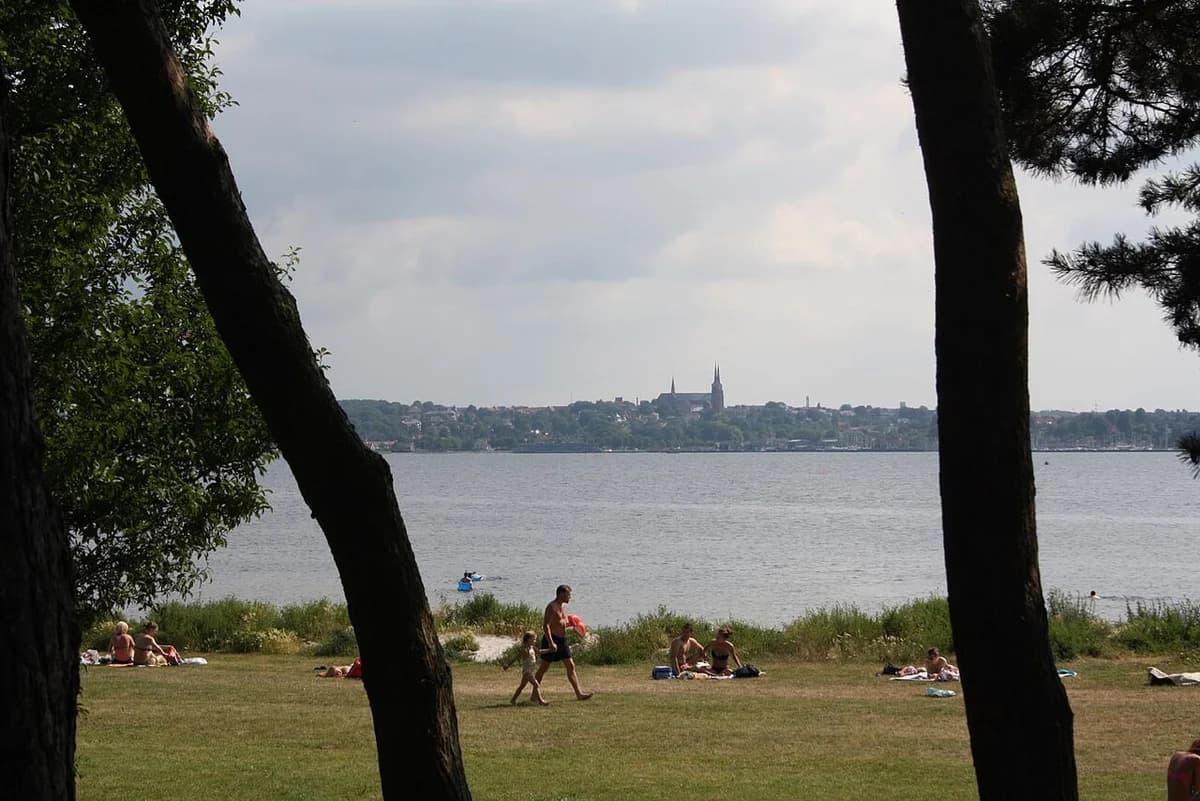 View across Roskilde Fjord toward Roskilde Cathedral, with people on a grassy shore in the foreground.