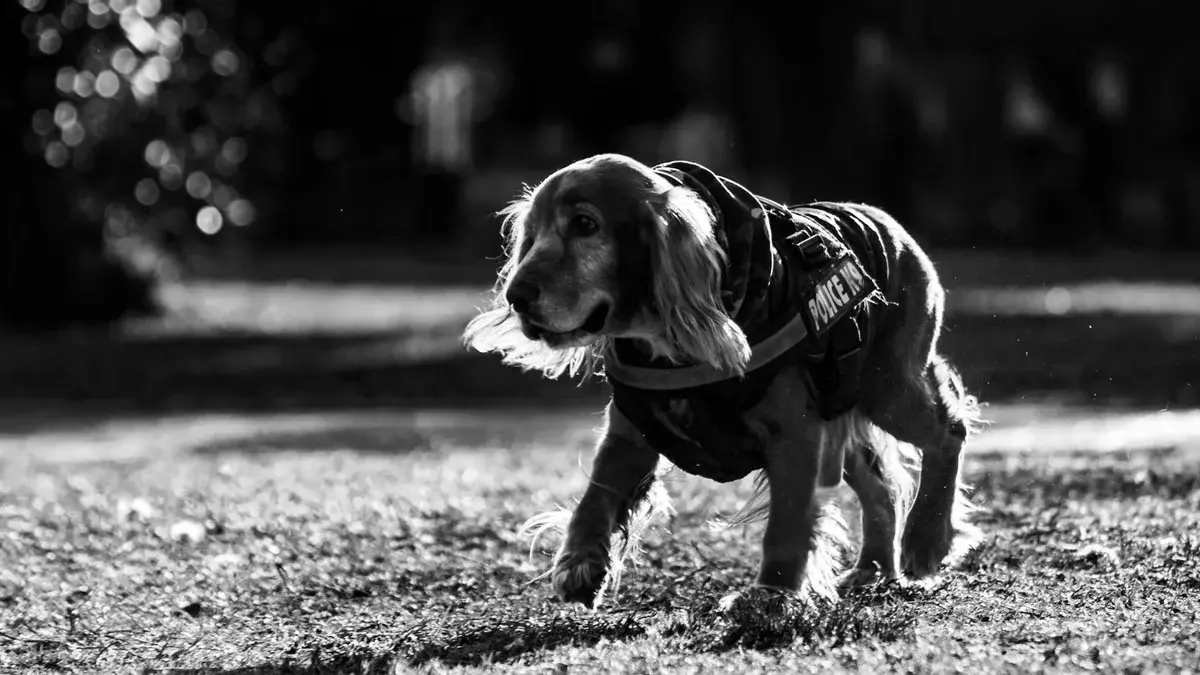 Black-and-white police dog walking outdoors