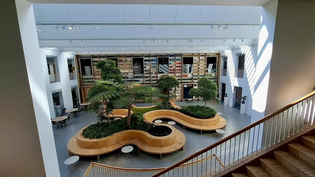 Bright library atrium with curved seating, indoor plants, and a wall of bookshelves.