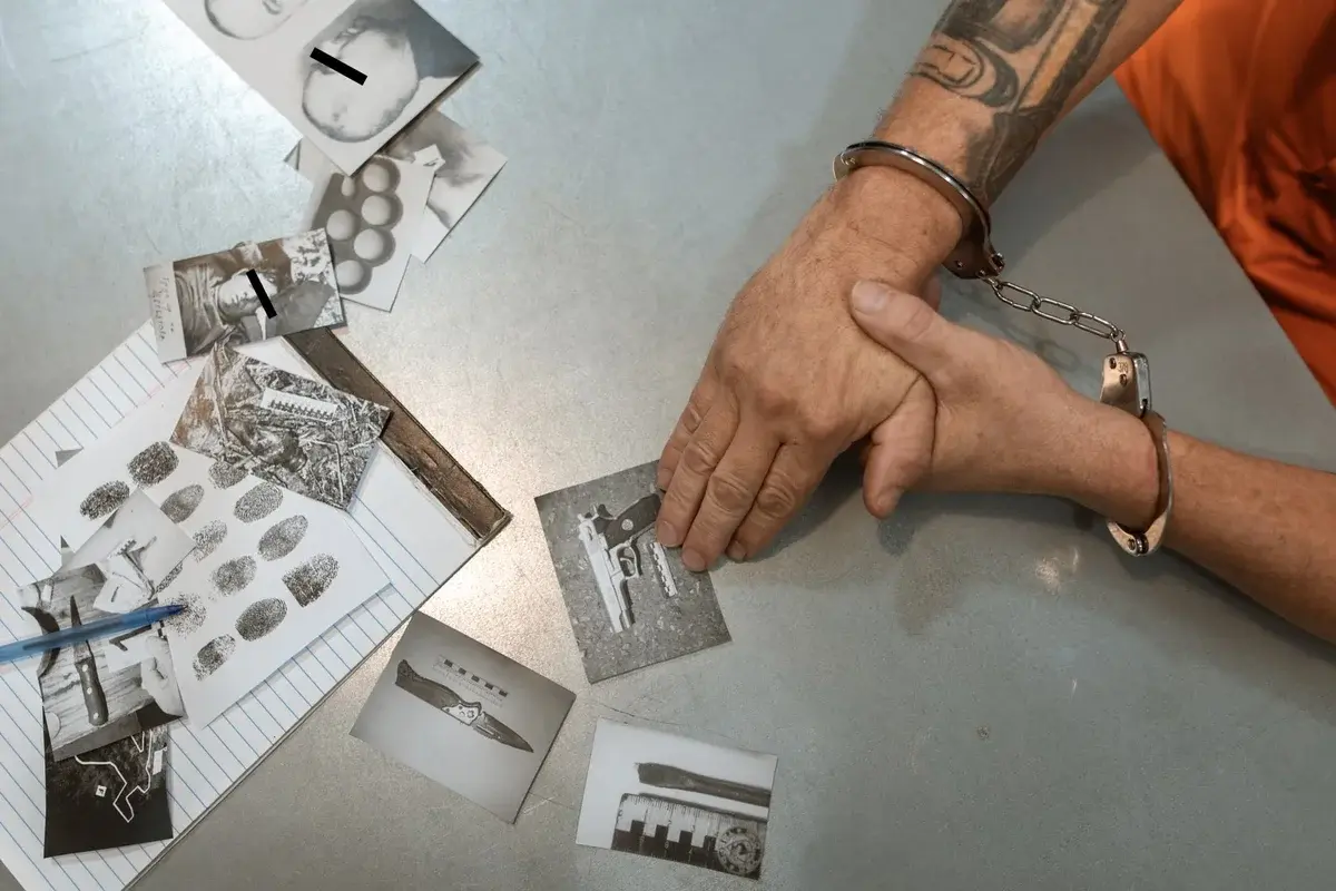 Handcuffed individual looking at evidence photos and documents on a table