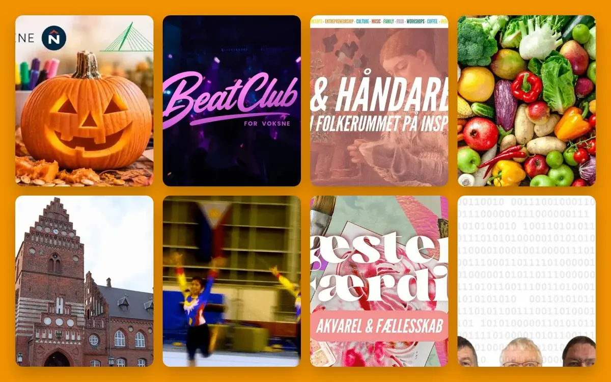 A collage of posters, food, a building, and other images on an orange background.