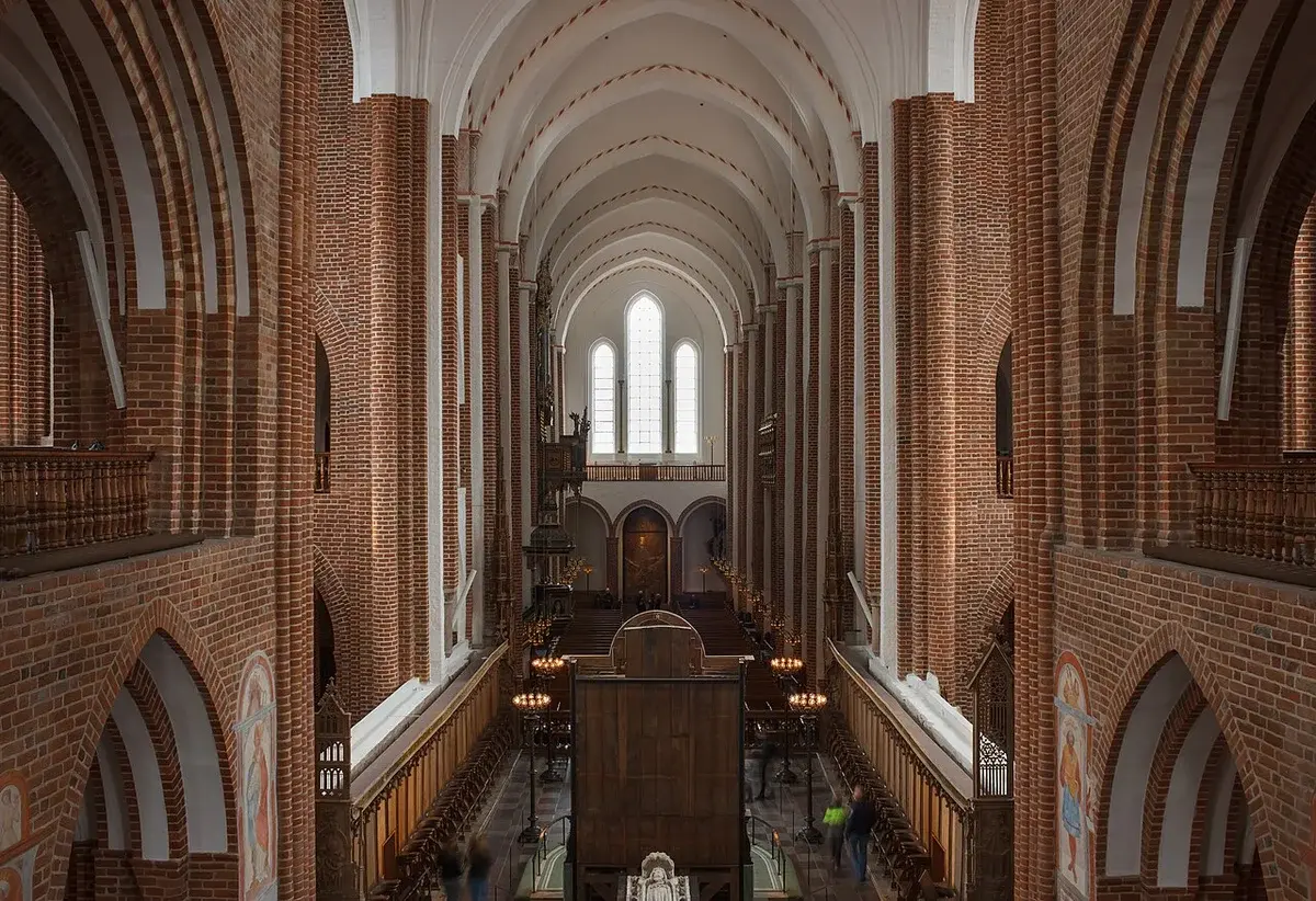 Central nave of Roskilde Cathedral with Gothic brick arches